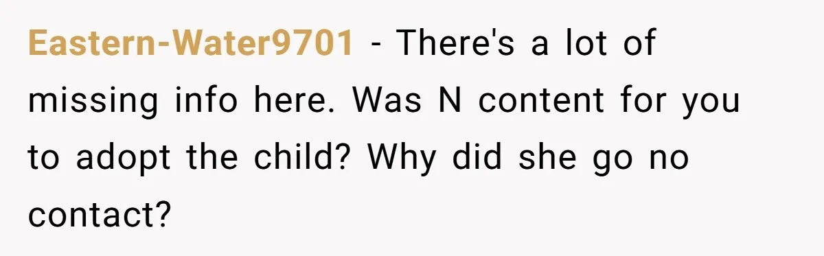 Eastern-Water9701 − There's a lot of missing info here. Was N content for you to adopt the child? Why did she go no contact?