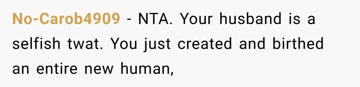 No-Carob4909 − NTA. Your husband is a selfish twat. You just created and birthed an entire new human,