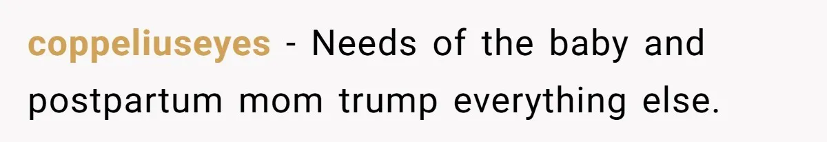 coppeliuseyes − Needs of the baby and postpartum mom trump everything else.