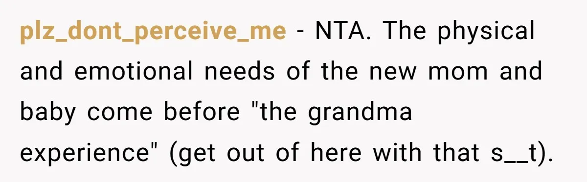 plz_dont_perceive_me − NTA. The physical and emotional needs of the new mom and baby come before "the grandma experience" (get out of here with that s__t).