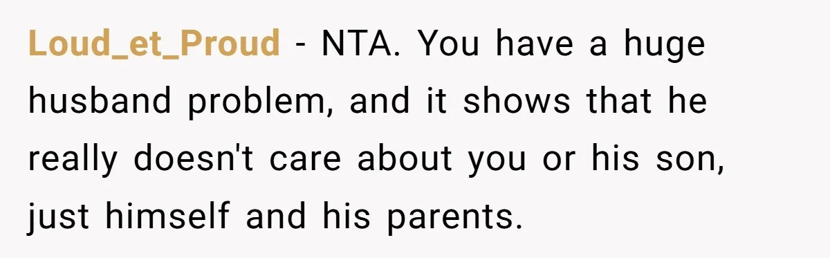 Loud_et_Proud − NTA. You have a huge husband problem, and it shows that he really doesn't care about you or his son, just himself and his parents.