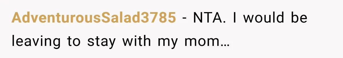 AdventurousSalad3785 − NTA. I would be leaving to stay with my mom…