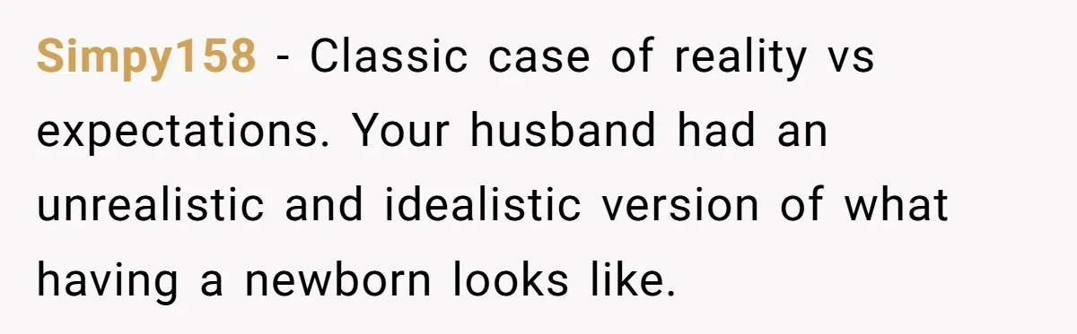 Simpy158 − Classic case of reality vs expectations. Your husband had an unrealistic and idealistic version of what having a newborn looks like.
