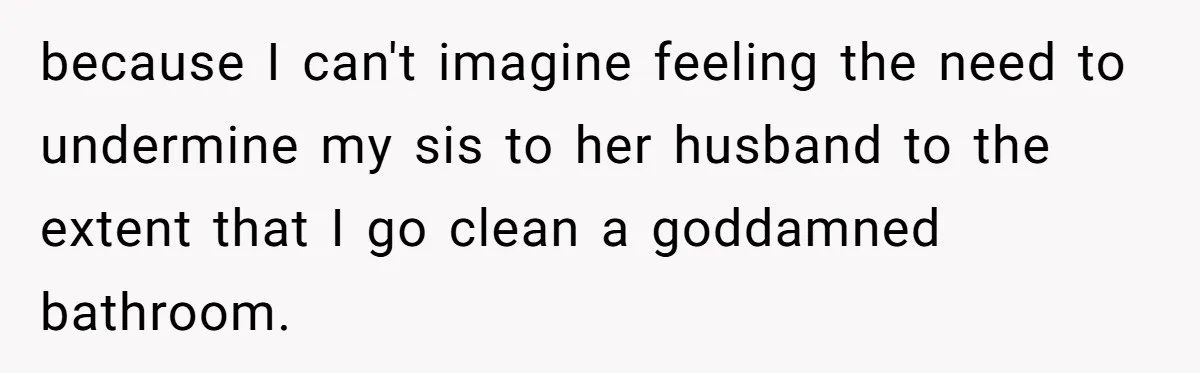because I can't imagine feeling the need to undermine my sis to her husband to the extent that I go clean a goddamned bathroom.