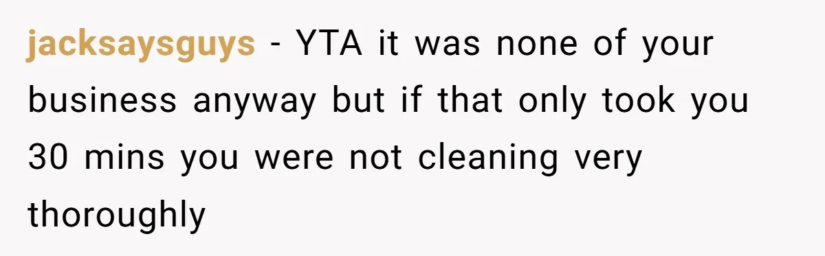 jacksaysguys − YTA it was none of your business anyway but if that only took you 30 mins you were not cleaning very thoroughly