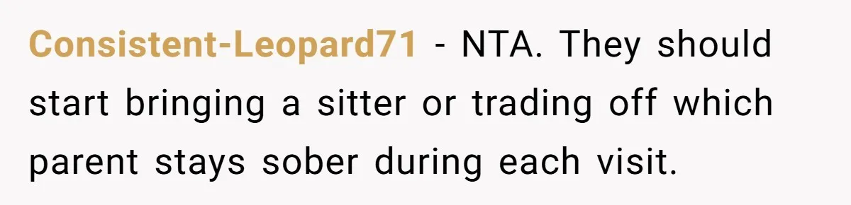 Consistent-Leopard71 − NTA. They should start bringing a sitter or trading off which parent stays sober during each visit.