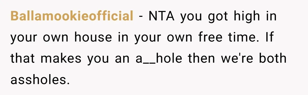 Ballamookieofficial − NTA you got high in your own house in your own free time. If that makes you an a__hole then we're both assholes.