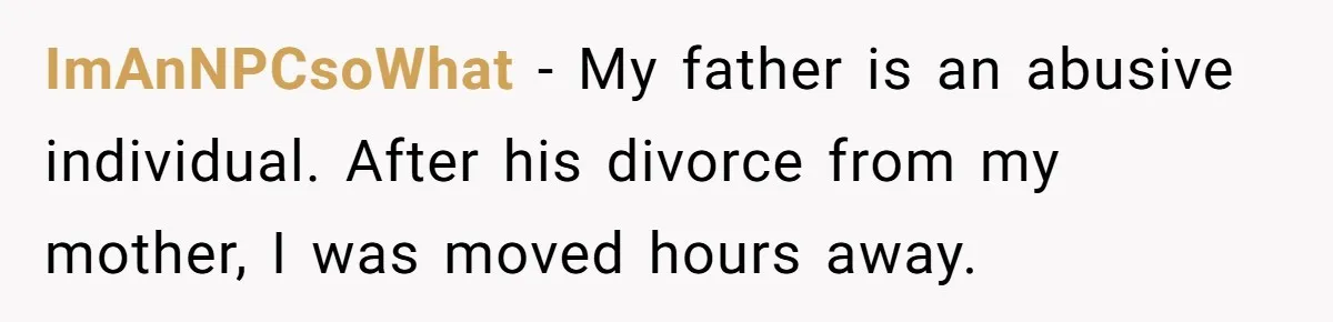 ImAnNPCsoWhat − My father is an abusive individual. After his divorce from my mother, I was moved hours away.