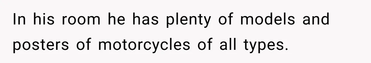 In his room he has plenty of models and posters of motorcycles of all types.