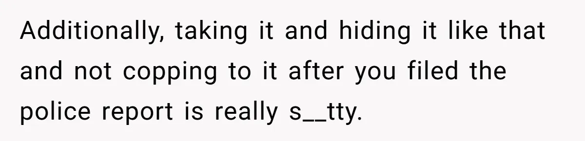 Additionally, taking it and hiding it like that and not copping to it after you filed the police report is really s__tty.