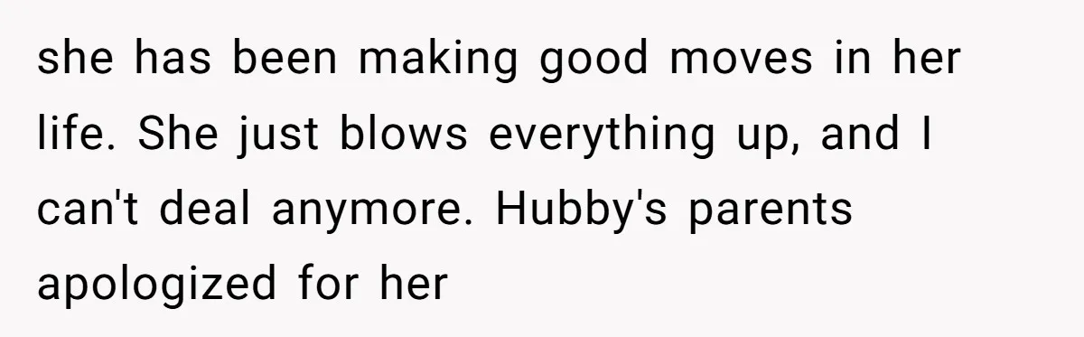 she has been making good moves in her life. She just blows everything up, and I can't deal anymore. Hubby's parents apologized for her