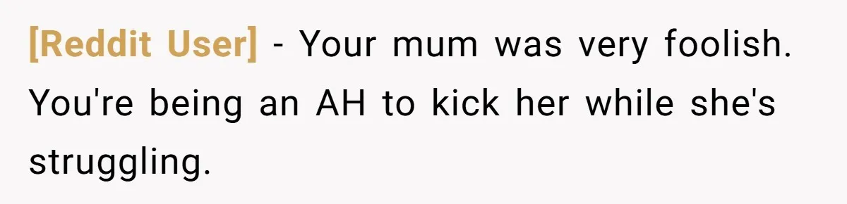[Reddit User] − Your mum was very foolish. You're being an AH to kick her while she's struggling.