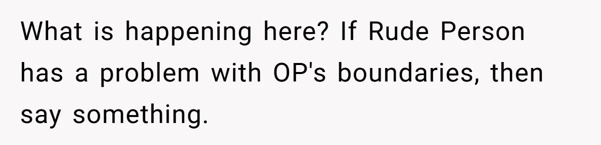 What is happening here? If Rude Person has a problem with OP's boundaries, then say something.