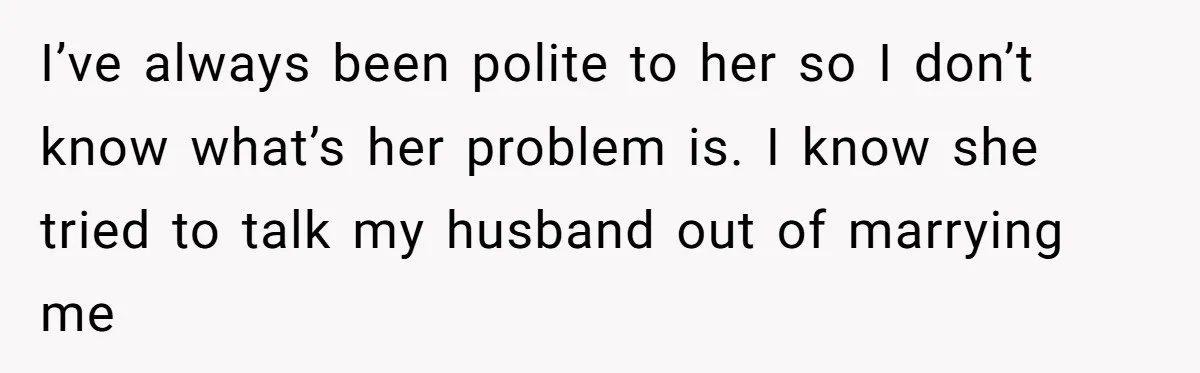 I’ve always been polite to her so I don’t know what’s her problem is. I know she tried to talk my husband out of marrying me