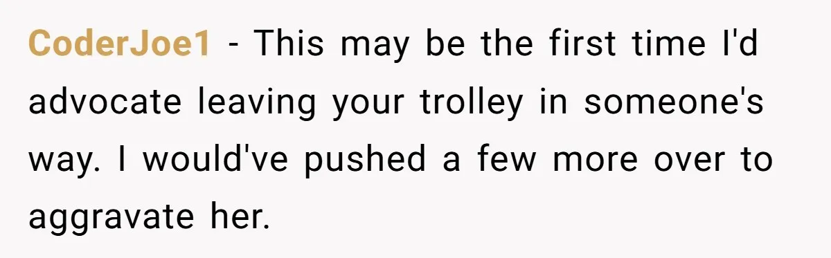 CoderJoe1 − This may be the first time I'd advocate leaving your trolley in someone's way. I would've pushed a few more over to aggravate her.