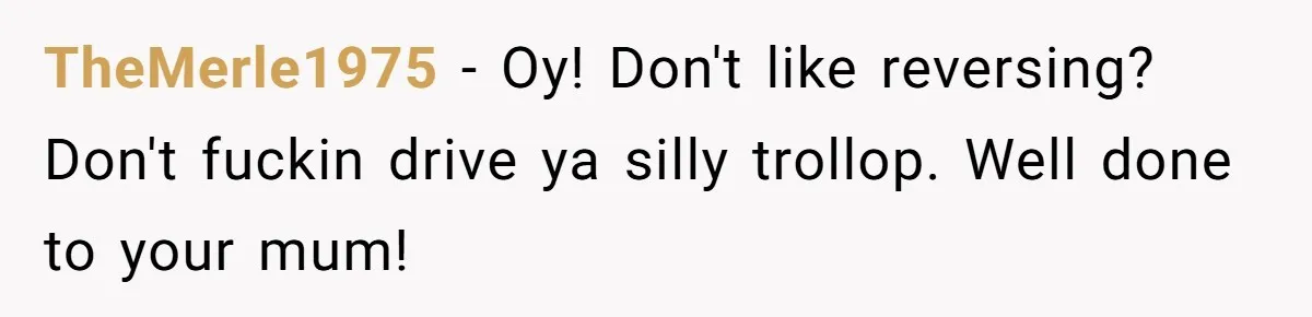 TheMerle1975 − Oy! Don't like reversing? Don't fuckin drive ya silly trollop. Well done to your mum!
