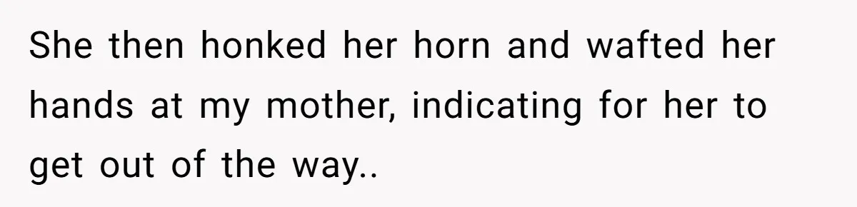 She then honked her horn and wafted her hands at my mother, indicating for her to get out of the way..