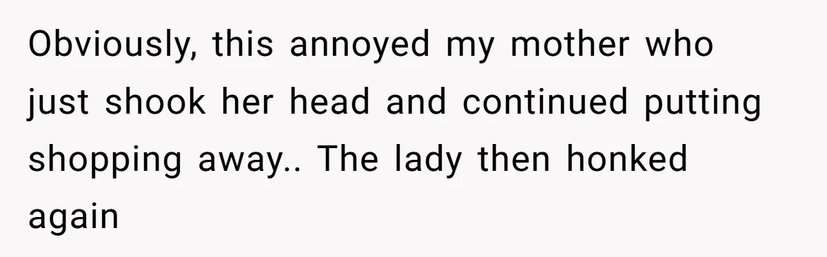 Obviously, this annoyed my mother who just shook her head and continued putting shopping away.. The lady then honked again