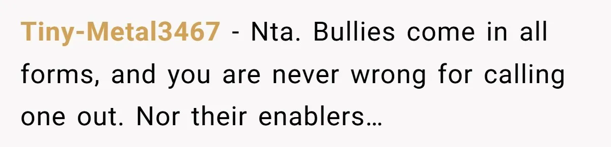 Tiny-Metal3467 − Nta. Bullies come in all forms, and you are never wrong for calling one out. Nor their enablers…