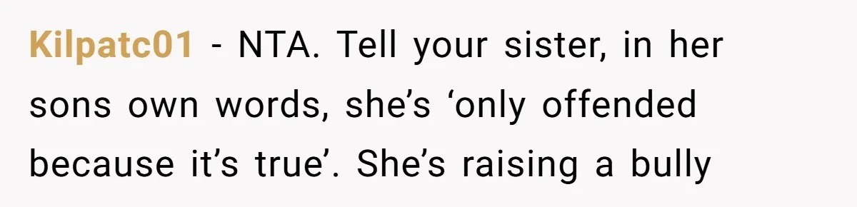 Kilpatc01 − NTA. Tell your sister, in her sons own words, she’s ‘only offended because it’s true’. She’s raising a bully