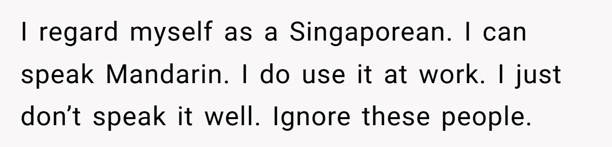 I regard myself as a Singaporean. I can speak Mandarin. I do use it at work. I just don’t speak it well. Ignore these people.