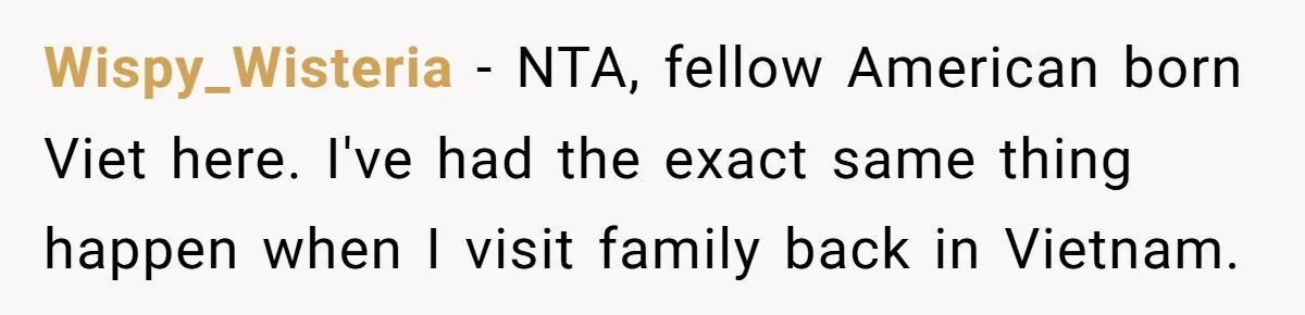 Wispy_Wisteria − NTA, fellow American born Viet here. I've had the exact same thing happen when I visit family back in Vietnam.
