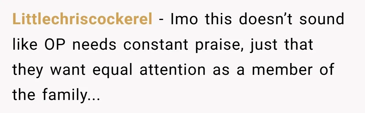 Littlechriscockerel − Imo this doesn’t sound like OP needs constant praise, just that they want equal attention as a member of the family...
