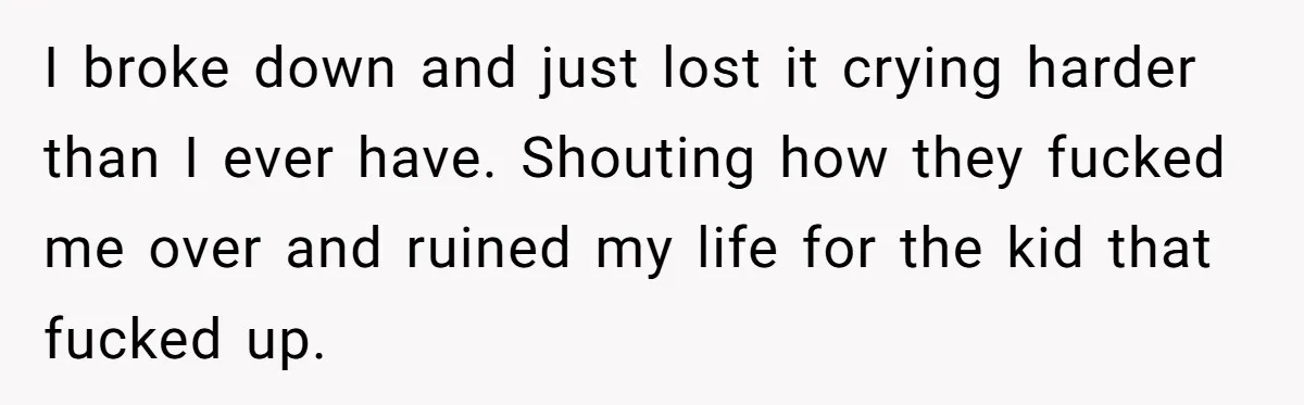 I broke down and just lost it crying harder than I ever have. Shouting how they fucked me over and ruined my life for the kid that fucked up.