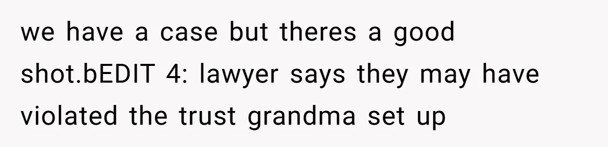 we have a case but theres a good shot.bEDIT 4: lawyer says they may have violated the trust grandma set up