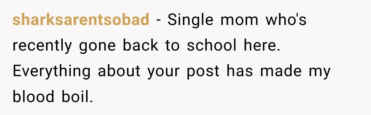 sharksarentsobad − Single mom who's recently gone back to school here. Everything about your post has made my blood boil.