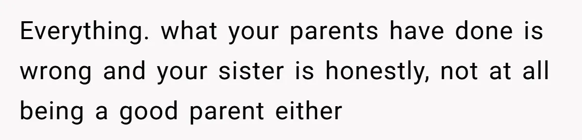 Everything. what your parents have done is wrong and your sister is honestly, not at all being a good parent either