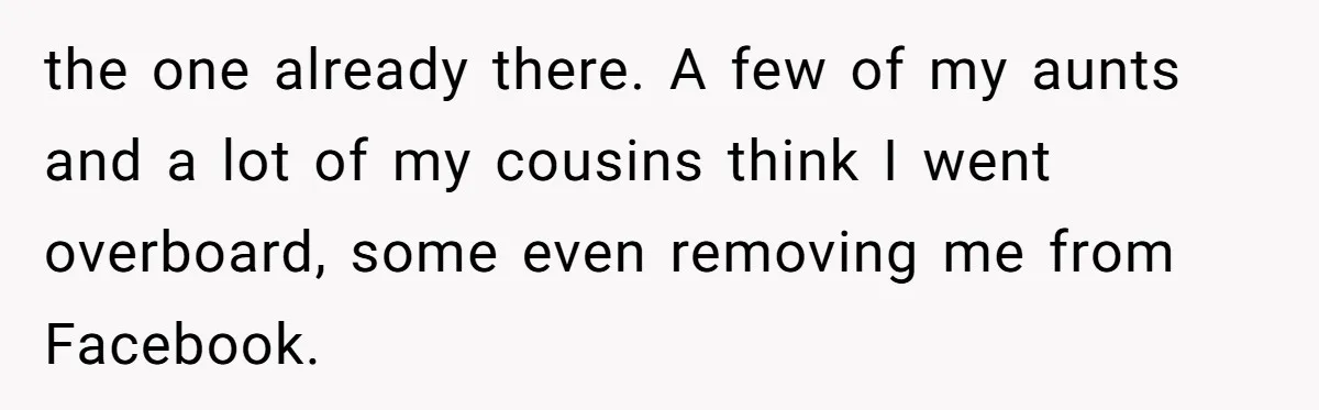 the one already there. A few of my aunts and a lot of my cousins think I went overboard, some even removing me from Facebook.