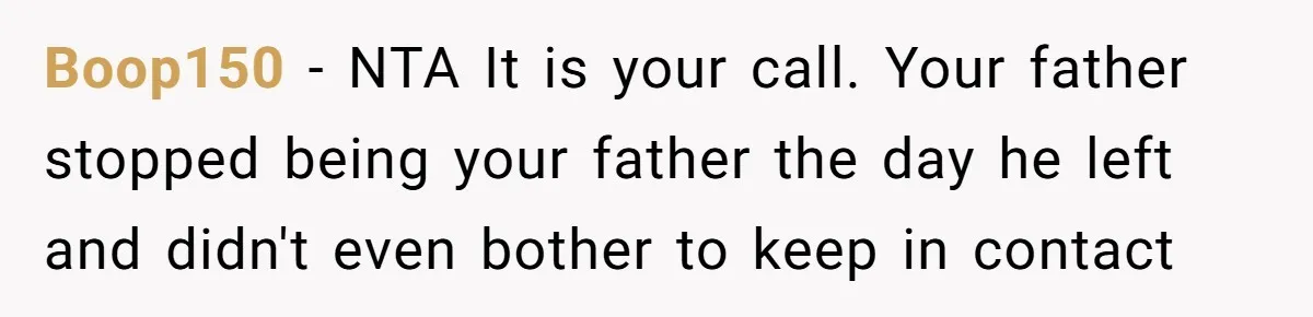 Boop150 − NTA It is your call. Your father stopped being your father the day he left and didn't even bother to keep in contact
