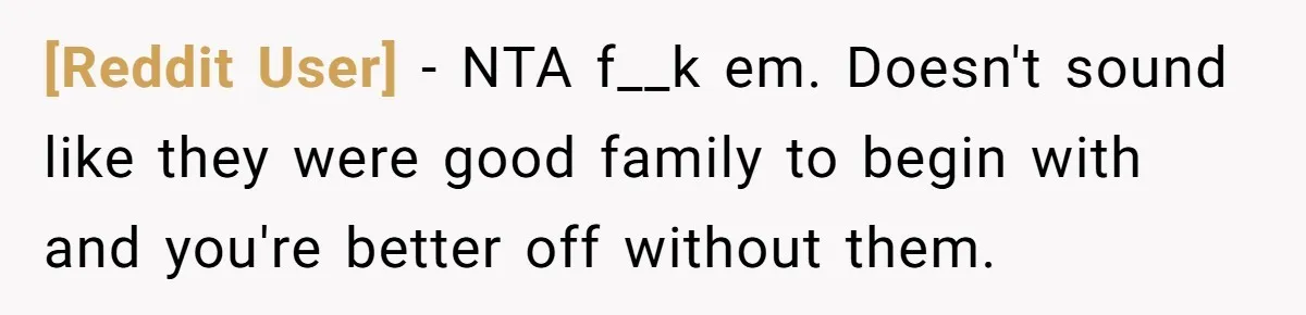 [Reddit User] − NTA f__k em. Doesn't sound like they were good family to begin with and you're better off without them.