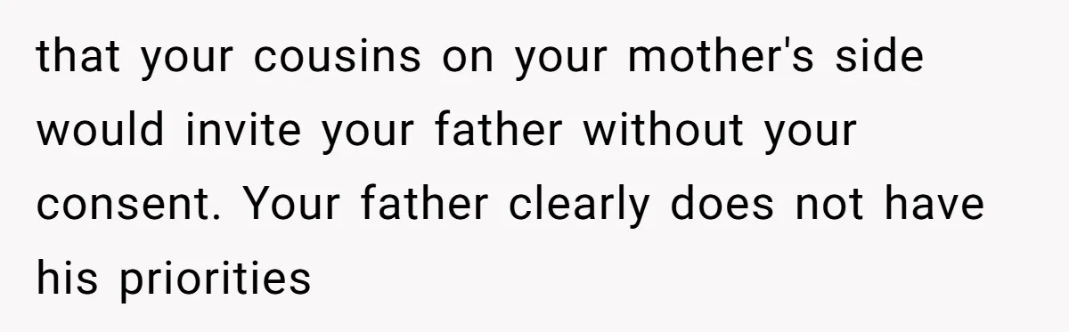 that your cousins on your mother's side would invite your father without your consent. Your father clearly does not have his priorities