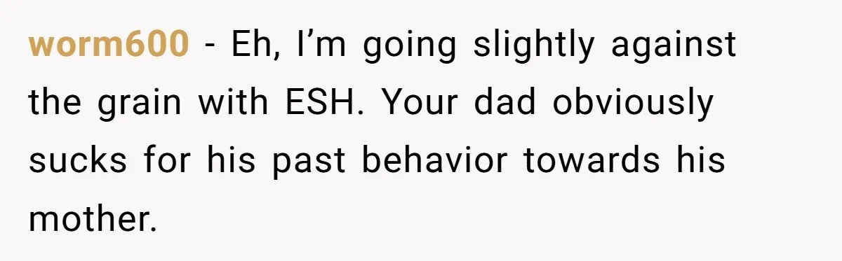 worm600 − Eh, I’m going slightly against the grain with ESH. Your dad obviously sucks for his past behavior towards his mother.