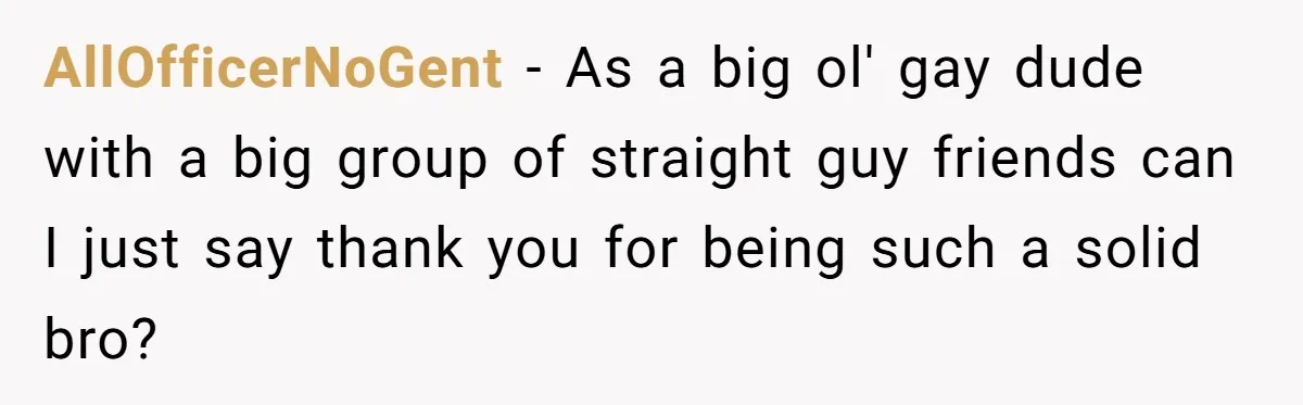 AllOfficerNoGent − As a big ol' gay dude with a big group of straight guy friends can I just say thank you for being such a solid bro?