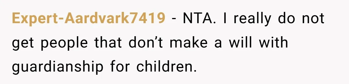 Expert-Aardvark7419 − NTA. I really do not get people that don’t make a will with guardianship for children.