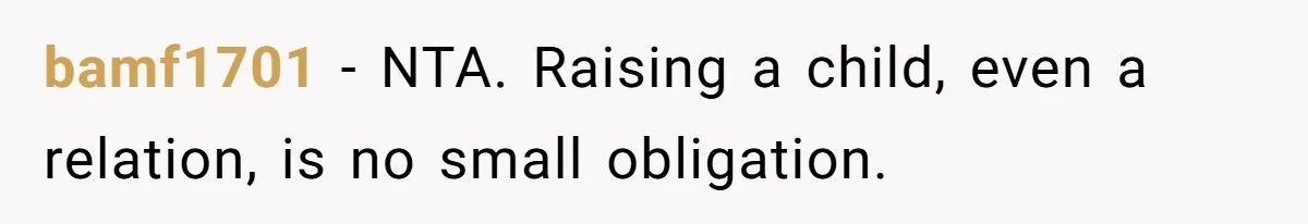 bamf1701 − NTA. Raising a child, even a relation, is no small obligation.