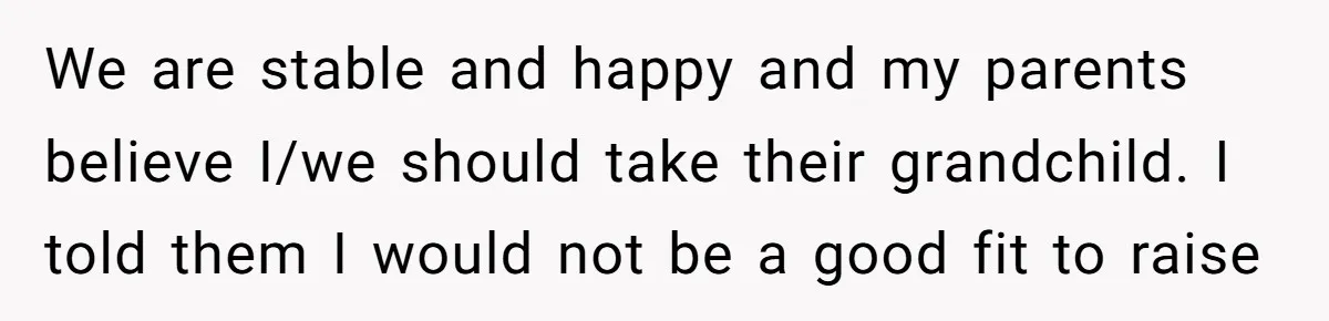 We are stable and happy and my parents believe I/we should take their grandchild. I told them I would not be a good fit to raise