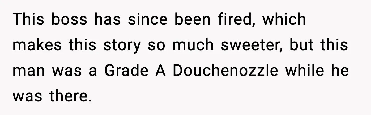 This boss has since been fired, which makes this story so much sweeter, but this man was a Grade A Douchenozzle while he was there.