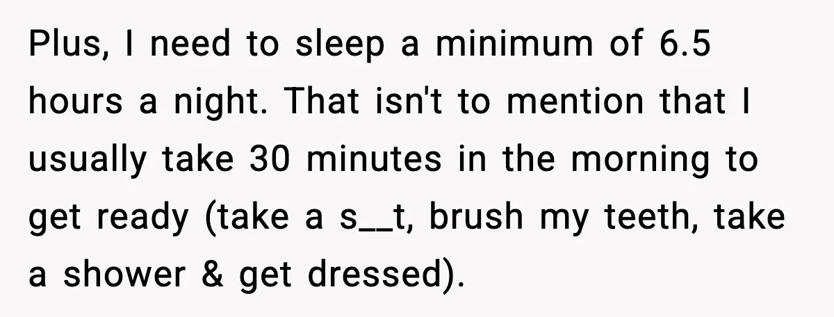 Plus, I need to sleep a minimum of 6.5 hours a night. That isn't to mention that I usually take 30 minutes in the morning to get ready (take a...