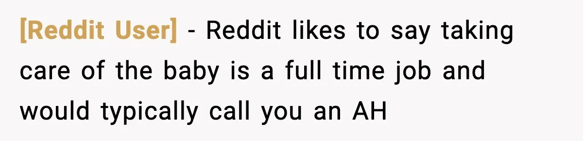 [Reddit User] - Reddit likes to say taking care of the baby is a full time job and would typically call you an AH