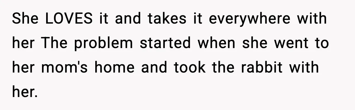 She LOVES it and takes it everywhere with her The problem started when she went to her mom's home and took the rabbit with her.