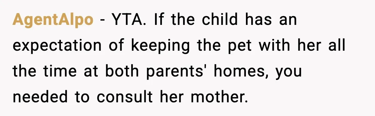 AgentAlpo - YTA. If the child has an expectation of keeping the pet with her all the time at both parents' homes, you needed to consult her mother.
