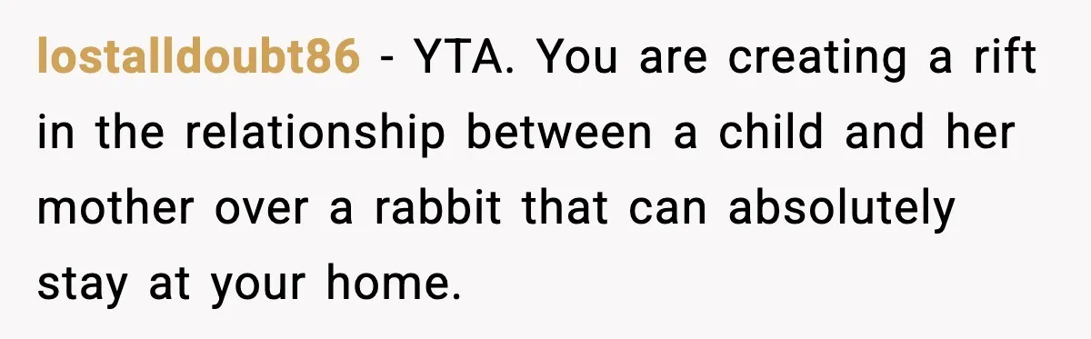 lostalldoubt86 - YTA. You are creating a rift in the relationship between a child and her mother over a rabbit that can absolutely stay at your home.