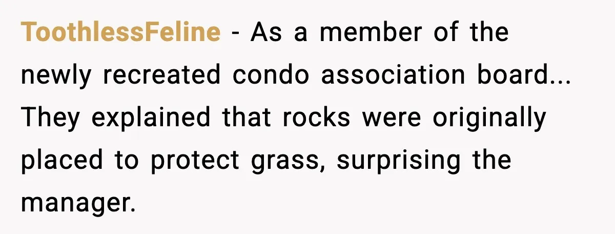 ToothlessFeline - As a member of the newly recreated condo association board... They explained that rocks were originally placed to protect grass, surprising the manager.