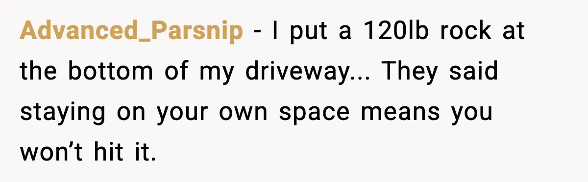 Advanced_Parsnip - I put a 120lb rock at the bottom of my driveway... They said staying on your own space means you won’t hit it.