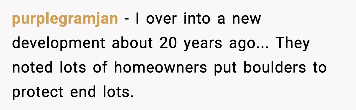 purplegramjan - I over into a new development about 20 years ago... They noted lots of homeowners put boulders to protect end lots.