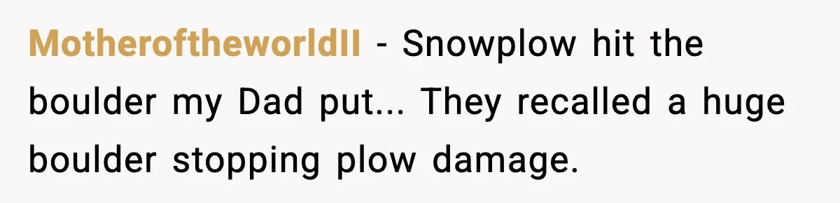 MotheroftheworldII - Snowplow hit the boulder my Dad put... They recalled a huge boulder stopping plow damage.